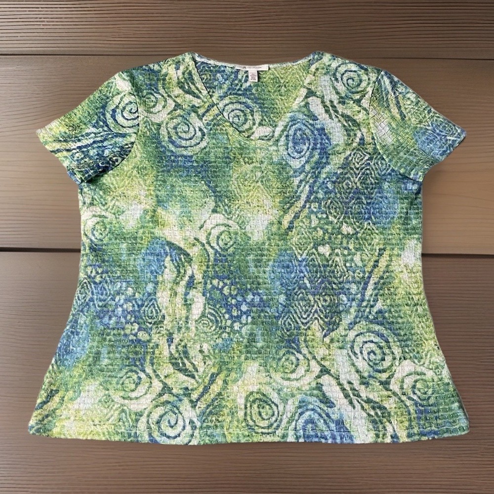 JM Collection Woman's Top Size Large Green Blue Yellow‎ V-neck Short Sleeve